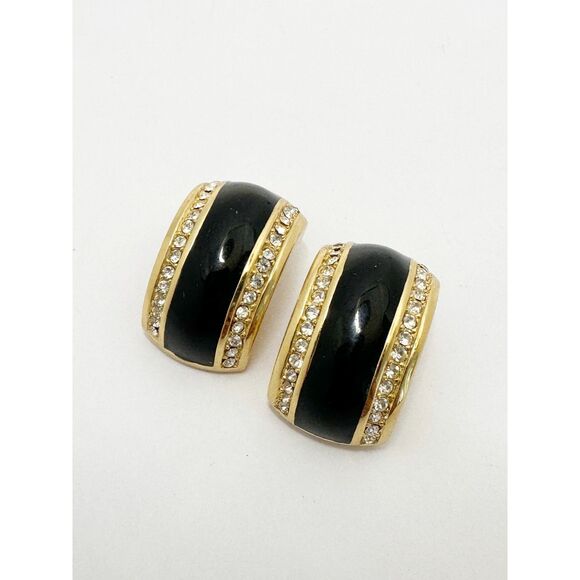 Christian Dior Vintage Gold Black Enamel Clip On Earrings Rhinestone accents